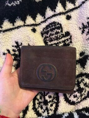 Vintage Gucci Dark Brown Leather & Suede Wallet with Embossed GG